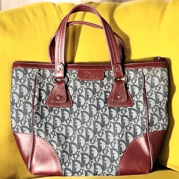 Dior Christian Dior Trotter Handbag Navy Wine Deep Red Leather Jacquard VGUC - Picture 6 of 12